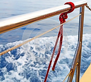 safety rope and metal in the blue skay aocean mediterranean sea