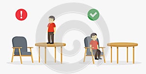 Safety rule for kids. Dos and don\'ts. Happy male kid sits on an armchair and other boy climbed on a table.