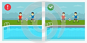 Safety rule for kids. Dos and don\'ts. Male kids playing ball beside outdoor swimming pool.