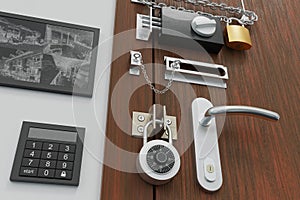 Safety and security concept. Door with many locks. 3D rendered illustration