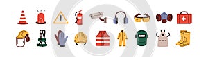 Safety, security icons set. Work helmet, gloves, vest, cone, alarm signs. Caution, warning symbols for personal