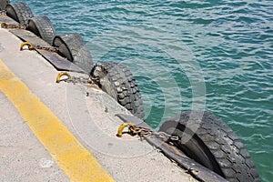 Safety shock absorber with wheel car along a concrete platform in a marine