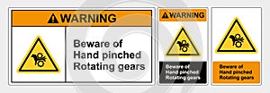 Safety Sign Beware of hand pinched rotating gears, sign lanscape and potrait forms, ANSI and OSHA standard formats photo