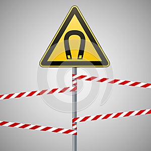Safety sign. Caution - danger Magnetic field. Barrier tape. Vector illustrations