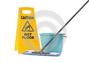 Safety sign with phrase Caution wet floor, mop and bucket on white background. Cleaning service