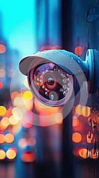 Safety surveillance CCTV camera watches over with soft bokeh lighting