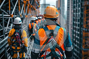 a safety training session for construction workers at a skyscraper site highlighting the use of safety