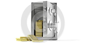 Safety vault with gold bullion on a white background. 3d illustration.