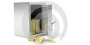 Safety vault with gold bullion on a white background. 3d illustration.