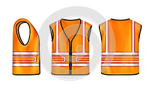Safety vest front, side, back view, orange jacket