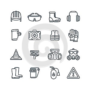 Safety work equipment and protective clothing line vector icons