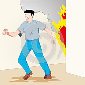 Safety at work, man running from a fire