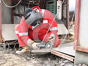 Safety at work. Welding and grinding of iron constructions. Industrial weekdays welders and fitters