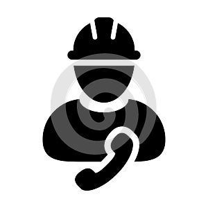 Safety worker icon vector male construction service person profile avatar with phone and hardhat helmet in glyph pictogram