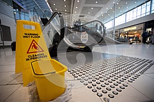 Safety workplace caution wet floor warning sign on the floor surfaces