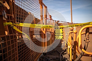 Safety workpracties caution yellow warning sign/ symbols tag applying on the entry construction workplaces