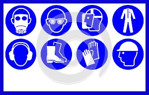 Safety workwear and equipment . Mandatory workplace signs, with copy space