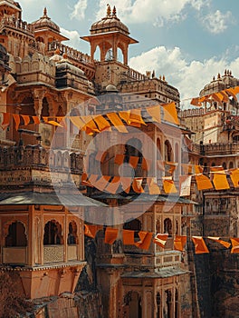 Saffron banners flutter over a citadel, its walls painted with mesmerizing optical art photo