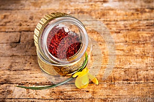 Saffron flower and spice tea crop in a box photo