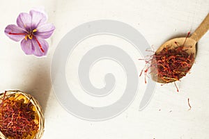 Saffron flower and types in a spoon