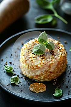 Saffron risotto with basil and gold leaf on elegant black plate