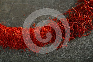 Saffron space threads and powder in metal background