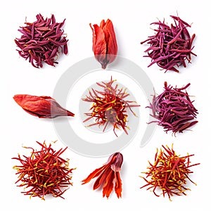 Saffron Threads Amidst Crocus Flowers: The Spice of Royalty isolated on white background