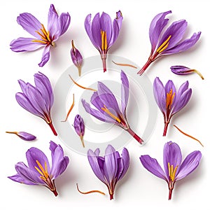 Saffron Threads Amidst Crocus Flowers: The Spice of Royalty isolated on white background