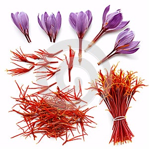 Saffron Threads Amidst Crocus Flowers: The Spice of Royalty isolated on white background