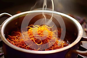 Saffron Threads Slowly Infusing Into Bubbling Pot. Generative AI