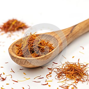 Saffron in a wooden scoop spoon isolated on white photo