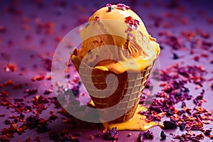 Saffronflavored Ice Cream Melting On Cone. Generative AI