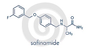 Safinamide Parkinson`s disease drug molecule. Skeletal formula.