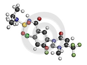 Saflufenacil herbicide molecule. 3D rendering. Atoms are represented as spheres with conventional color coding: hydrogen white,.