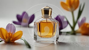 a safron crocus flower and beautiful glass for womens perfume bottle on plain white ai generated