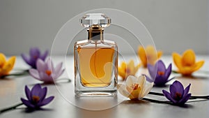 a safron crocus flower and beautiful glass for womens perfume bottle on plain white ai generated