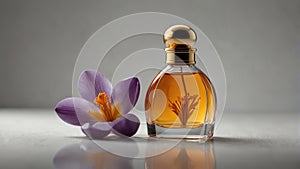 a safron crocus flower and beautiful glass for womens perfume bottle on plain white ai generated