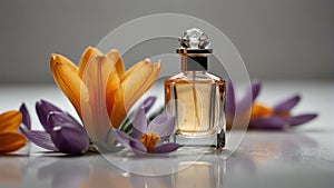 a safron crocus flower and beautiful glass for womens perfume bottle on plain white ai generated