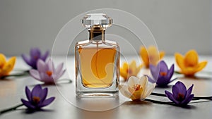 a safron crocus flower and beautiful glass for womens perfume bottle on plain white ai generated photo