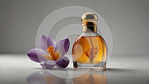a safron crocus flower and beautiful glass for womens perfume bottle on plain white ai generated photo
