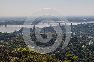 Sagaing and Ava (Inwa) bridges crossing Ayeyarwady river visible, Myanma