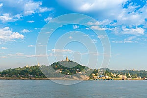 Sagaing city, Irrawaddy river, Mandalay, Myanmar, Burma. Copy space for text.