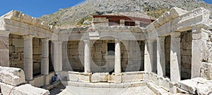 Sagalassos Ancient city. The restored late Hellenistic Doric Fountain House. Wide angle panorama