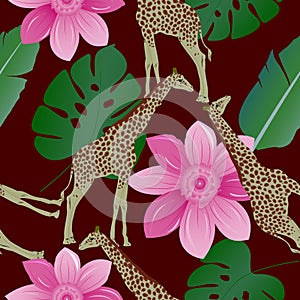 sage color giraffe with caput mortuum color spots, sea green ,dark spring green banana leaves, thulian pink