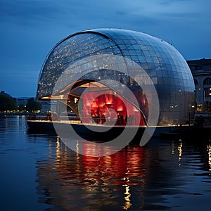 Sage gateshead with a dome shaped structure on the water