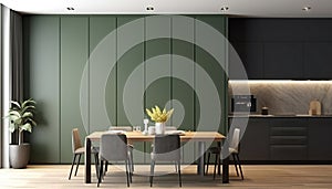 Sage green wall partition with white baseboard on parquet and table with chairs in middle of the room