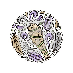 Sage smudge stick. Cartoon bunch of plants with jets of smoke, bird feathers and amethyst crystals. Round doodle template for