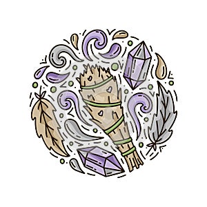 Sage smudge stick. Cartoon bunch of plants with jets of smoke, bird feathers and amethyst crystals. Round doodle template for photo