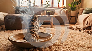 Sage smudge stick for spiritual cleansing in the living room. Concept Spiritual Cleansing, Sage