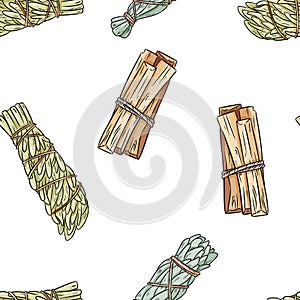 Sage smudge sticks hand-drawn boho seamless pattern. Sage, mugwort and palo santo bundle texture background tile